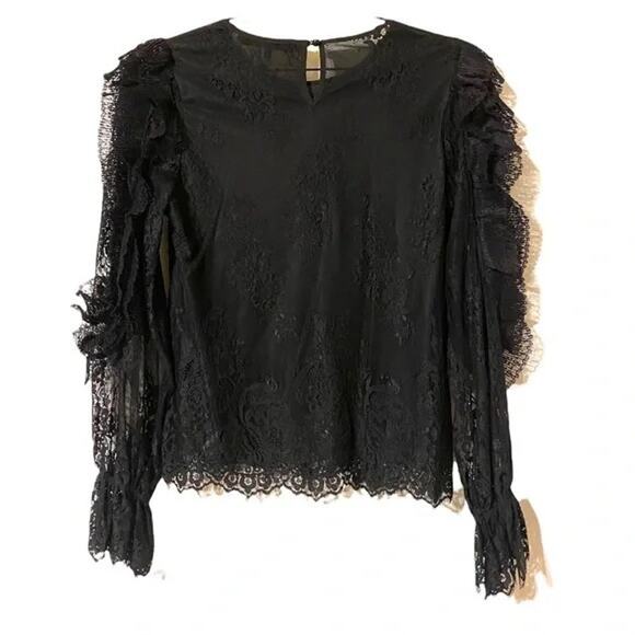 Sweet Rain Women’s Black Floral Lace Ruffle Long Sleeve Top Blouse Shirt Small - Picture 1 of 8